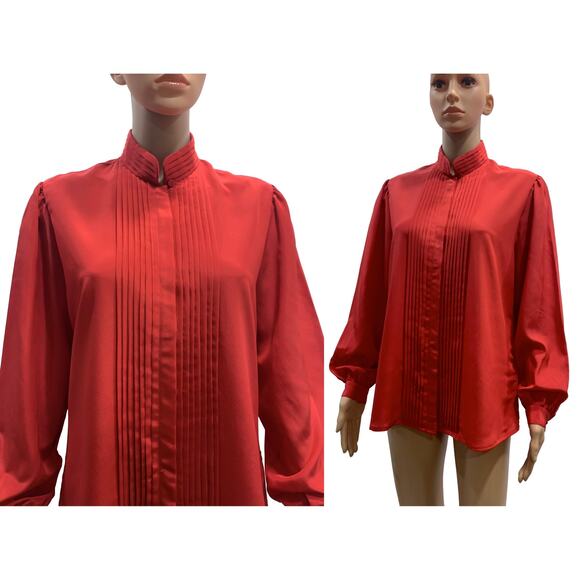 Vintage 70s Red High Collar Secretary Blouse with Pleats | M/L - Picture 5 of 8
